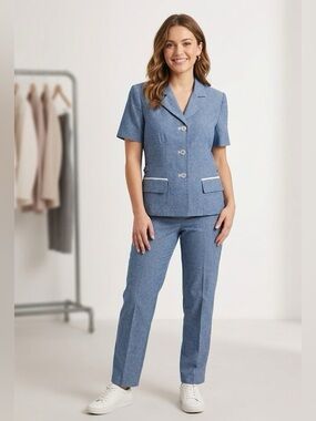 Perceptions 2 Pc. Denim Style Short Sleeve Pantsuit Light Blue 8P